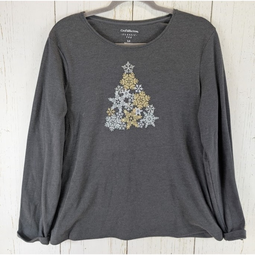 Croft Barrow Size Large Classic Tee‎ Gray Snowflake Graphic Long Sleeve Top